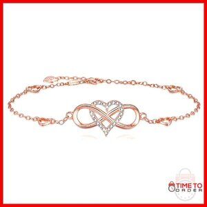 925 Sterling Silver Infinity Heart Ankle Bracelet Cubic Zirconia Adjustable